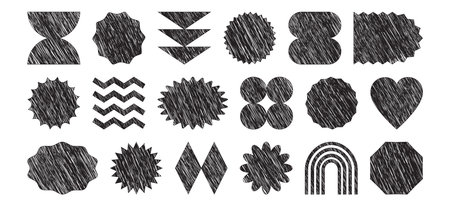 Scribble geometric shape figure, retro badge hand drawn, graphic groovy form paint, y2k element coal design, abstract trendy basic ink icon isolated on white background. Simple vector illustrationのイラスト素材