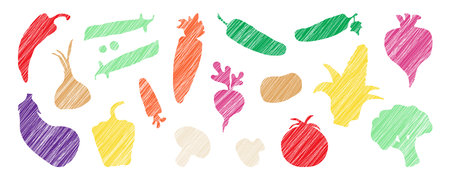 Vegetable crayon hand drawn, cute character scribble set. Tomato, broccoli, carrot, onion, radish, corn, beetroot, pepper, cucumber, eggplant. Funny child food pen line design. Vector illustrationのイラスト素材