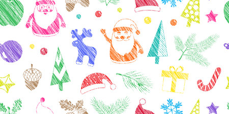 Christmas crayon doodle seamless pattern, Xmas winter chalk background. Decor brush hand drawn. Santa Claus, gift, candy cone, reindeer, ball, snowflake, hat, fir and pine cone. Vector illustrationのイラスト素材