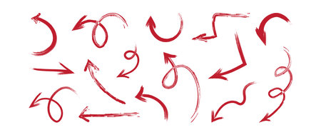 Arrow line brush hand drawn, crayon texture red pen sketch, chalk scribble icon, grunge element set isolated on white background. Handwritten vector illustrationのイラスト素材