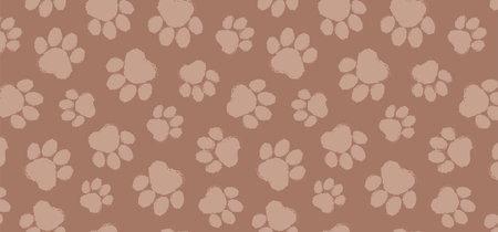 Paw print seamless pattern mocha, mousse colors, cat, dog foot, animal step background. Bear, panda, tiger stamp bg. Cartoon grunge texture. Trendy colors 2025 year. Vector illustrationのイラスト素材