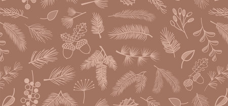 Christmas pine, berry, leaf seamless pattern mocha mousse color, evergreen plant, tree, spruce and fir branch, cedar twig background, New Year decoration bg, winter nature print. Vector illustrationのイラスト素材