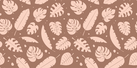 Palm leaf seamless pattern mocha mousse color, tropical plant background, exotic foliage print, summer leaves banana and monstera. Jungle cartoon bg. Trendy colors 2025 year. Vector illustrationのイラスト素材