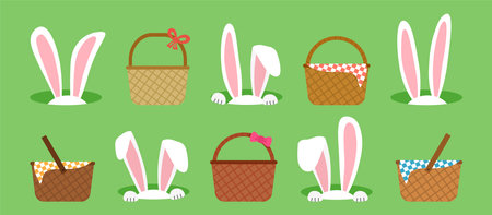 Easter bunny ears and basket icon, rabbit hole and picnic bag on green background. Cute animal character, cartoon egg hunt, funny spring set. Holiday vector illustrationのイラスト素材