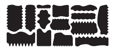 Zigzag shape sticker, wavy edge stamp, frame corrugated, wave box icon, curvy badge, label set black silhouettes isolated on white background. Geometric vector illustrationのイラスト素材