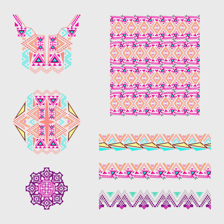 set of decorative elements for design and fashion in ethnic tribal style. Neckline, borders, patterns and seamless texture. Aztec ornamentsのイラスト素材