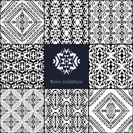 Vector seamless texture. Set of tribal black and white decorative patterns for design. Aztec ornamental style. Ethnic native american indian ornamentsのイラスト素材
