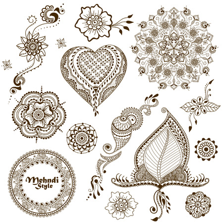 Set of vector doodle ornaments in indian style. Mehndi ornamental floral elements. Hand drawn ethnic patterns. Henna tattoo themeのイラスト素材
