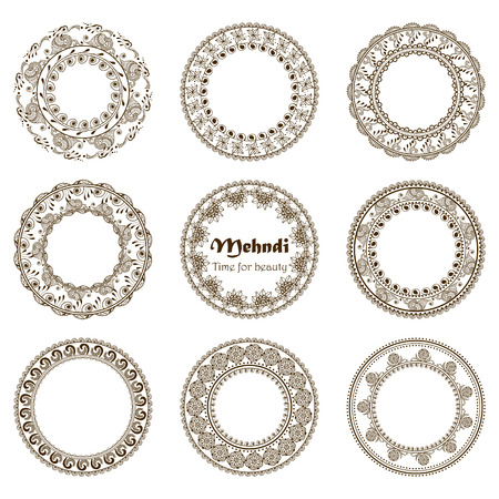 Vector set of hand drawn frames in ethnic indian style. Mehndi ornamental borders. Decorative floral elements for henna designのイラスト素材