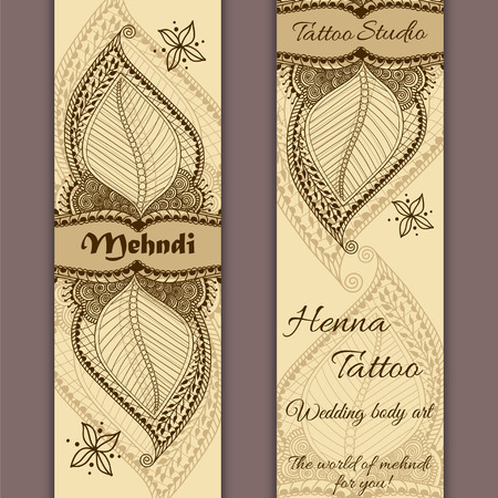 set of banners or cards in indian ornamental style. Mehndi floral ornament. Hand drawn ethnic pattern. Henna tattoo theme. Templates for business cards or banners with place for textのイラスト素材