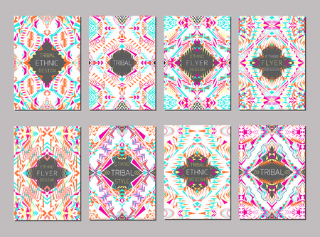 set of geometric colorful brochure templates for business and invitation. Ethnic, tribal, aztec style. A4 format. Modern ethno ikat patternのイラスト素材