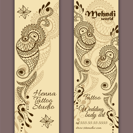 Vector set of banners or cards in indian ornamental style. Mehndi paisley ornament. Hand drawn ethnic pattern. Henna tattoo theme. Templates for business cards or banners with place for textのイラスト素材