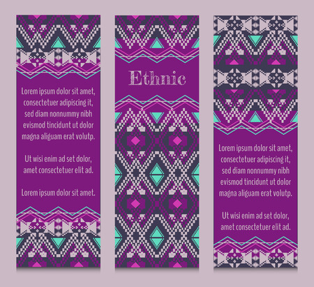 Vector set of banners or cards with tribal decorative patterns. Aztec ornamental style. Ethnic native american indian ornamentsのイラスト素材