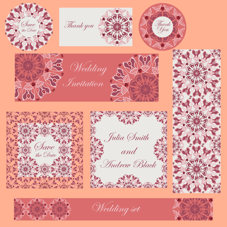 Wedding set in vintage ornamental style. Invitation; save the date card; thank you card. Vector templatesのイラスト素材