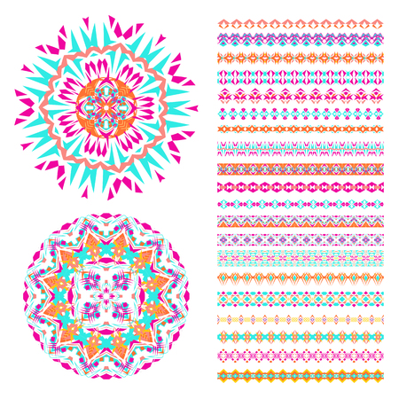 Vector set of geometric borders and mandalas in ethnic boho style. Collection of pattern brushes inside. Aztec tribal ornamentsのイラスト素材