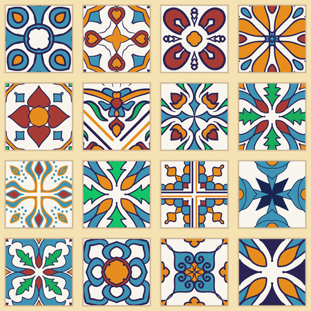 Vector set of Portuguese tiles. Collection of colored patterns for design and fashion. Azulejo, Spanish, Moroccan ornamentsのイラスト素材