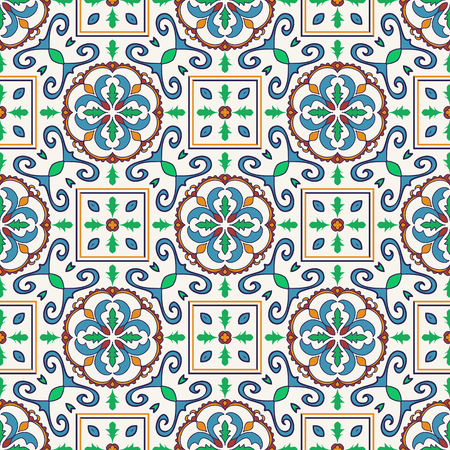 Vector seamless texture. Beautiful colored pattern for design and fashion with decorative elements. Portuguese tiles, Azulejo, Moroccan ornamentsのイラスト素材