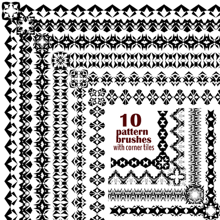 Vector set of geometric black borders in ethnic boho style. Collection of pattern brushes with corner tiles inside. Aztec tribal ornamentsのイラスト素材