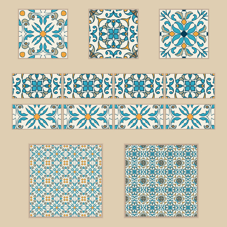 Vector set of Portuguese tiles and borders. Collection of colored patterns for design and fashion. Azulejo,Talavera, Spanish, Moroccan ornamentsのイラスト素材