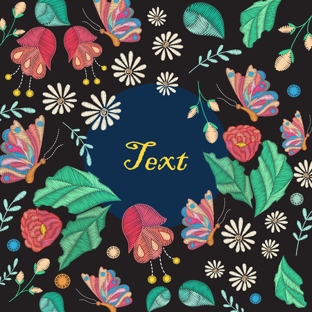 Vector decorative background with embroidery design and place for text. Colored floral pattern with embroidered flowers, leaves and butterfly. Ethnic folk ornamentのイラスト素材