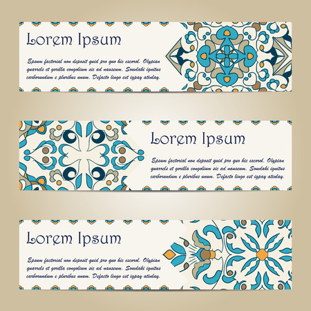 Vector set of colorful horizontal banners for business and invitation. Portuguese, Azulejo, Moroccan; Arabic; asian ornaments. Geometric and floral motifsのイラスト素材