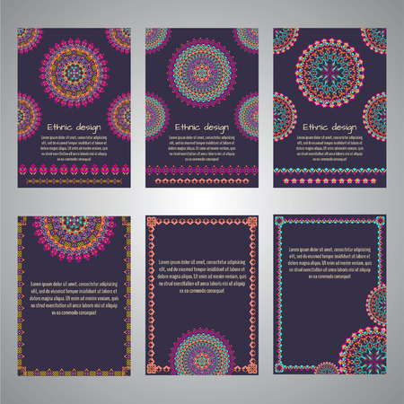 Vector set of flyer templates for business and invitation with mandala patterns. Striped geometric ornaments. Native american indian motifs. Boho style. A4 format with place for textのイラスト素材