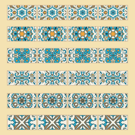 Vector set of decorative tile borders. Collection of colored patterns for design and fashion. Portuguese, Azulejo,Talavera, Spanish, Moroccan ornamentsのイラスト素材