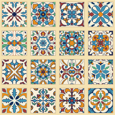 Vector set of Portuguese tiles. Collection of colored patterns for design and fashion. Azulejo,Talavera, Spanish, Moroccan ornamentsのイラスト素材