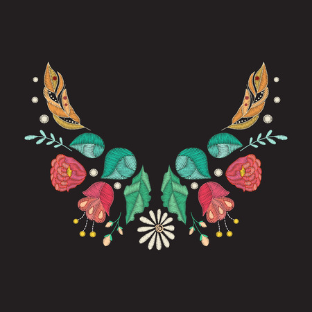 Vector embroidery neckline design. Colored floral pattern for neck print with decorative embroidered flowers and  leaves. Ethnic folk ornamentのイラスト素材