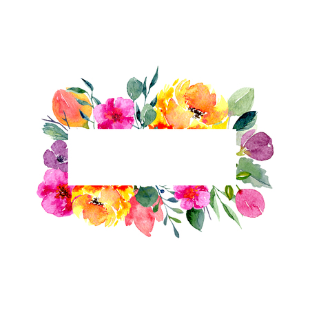 Watercolor floral frame. Background with fresh spring foliage, bright flowers and rectangular place for text. Design for wedding, invitations or cardsの写真素材