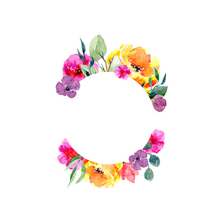 Watercolor floral frame. Background with fresh spring foliage, bright flowers and place for text. Design for wedding, invitations or cardsの写真素材