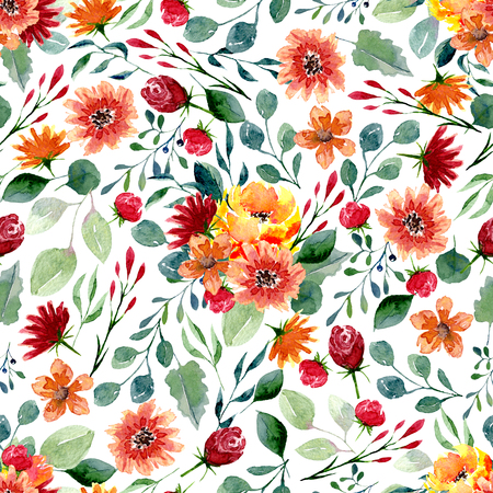 Seamless texture of watercolor flowers and leaves. Bright autumn print with foliage and floral elements. Pattern of decorative hand drawn ornament for wrapping, wedding design or invitation cards on white backgroundの写真素材