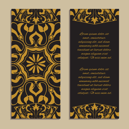 Vector set of colorful vertical banners for business and invitation. Spanish, Moroccan; Arabic; asian mosaic ornaments in golden color. Geometric and floral motifsのイラスト素材