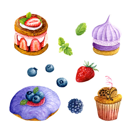 Set of watercolor desserts. Collection of hand drawn decorative elements: donut, cake, cupcake, biscuit, berries and mint for design on white backgroundの写真素材