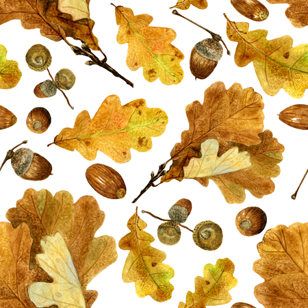 Seamless texture of watercolor fall oak leaves and acorns. Bright autumn print with natural elements. Pattern of decorative hand drawn ornament for wrapping, holiday's design or invitation cards on white backgroundの写真素材
