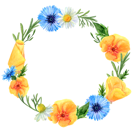 Watercolor wreath of summer meadow flowers and herbs. Floral composition of poppies, cornflowers and chamomiles. Design of round frame for wedding, invitations or cardsの写真素材