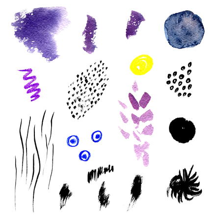 Set of abstract elements in different hand drawn techniques: watercolor spots, wax crayons and ink. Collection of terms for creative artistic design. Modern collage style made by scribble, splashes and geometric shapesの写真素材