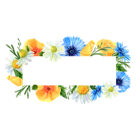 Watercolor rectangular frame with summer meadow flowers and herbs. Background with floral pattern and  place for text. Design for wedding, invitations or cardsの写真素材