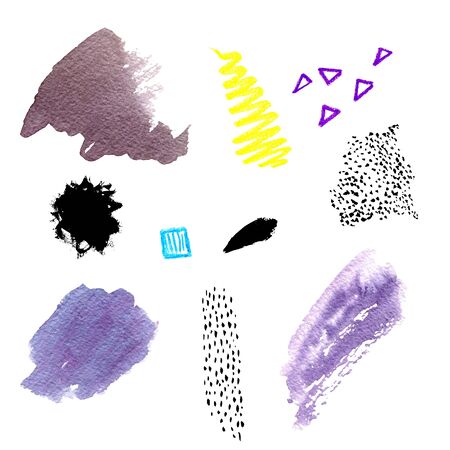 Set of abstract elements in different hand drawn techniques: watercolor spots, wax crayons and ink. Collection of terms for creative artistic design. Modern collage style made by scribble, splashes and geometric shapesの写真素材