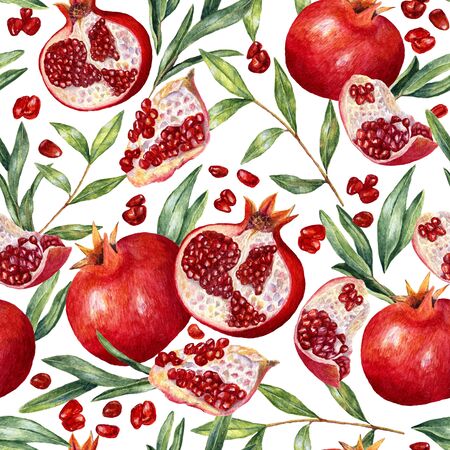 Seamless texture with watercolor garnet, slice, seeds and greenery. Pattern with tropical fruits. Food design for wrapping or invitation. Print with natural organic elementsの写真素材