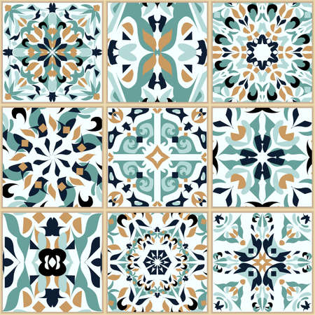 Vector mosaic patchwork ornament with square tiles. Seamless texture. Portuguese azulejos decorative...