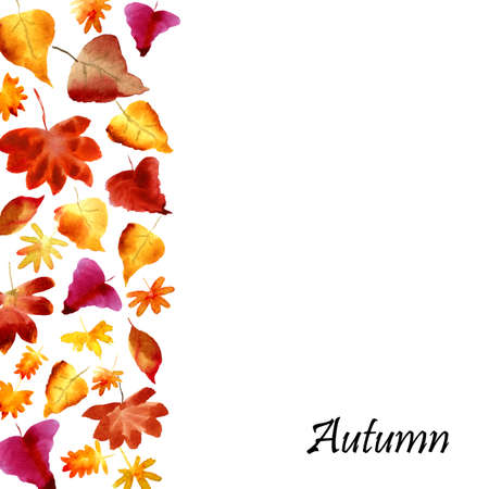 Template with watercolor fall pattern. Background with autumn foliage of oak, aspen, rowan and place for text. Design for wedding, invitations or cardsの写真素材