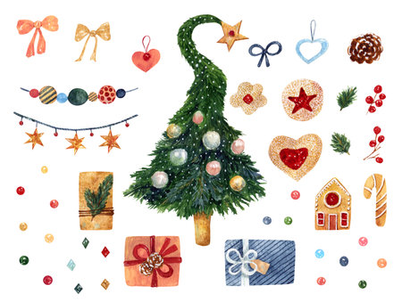 Set of watercolor christmas symbols. Collection of natural hand drawn New Year's elements: christmas tree, gifts and gingerbreads for design on white backgroundの写真素材