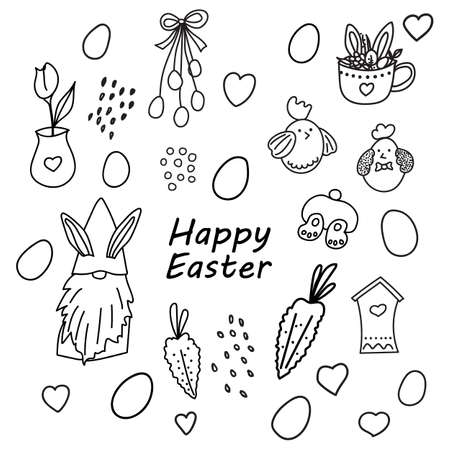 Vector set of easter elements. Spring decorative collection in doodle style. Easter symbols for holiday decorのイラスト素材