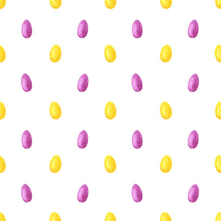 Seamless texture of watercolor eggs. Bright print for Easter. Pattern of decorative hand drawn ornament for wrapping or holiday's design on white backgroundの写真素材