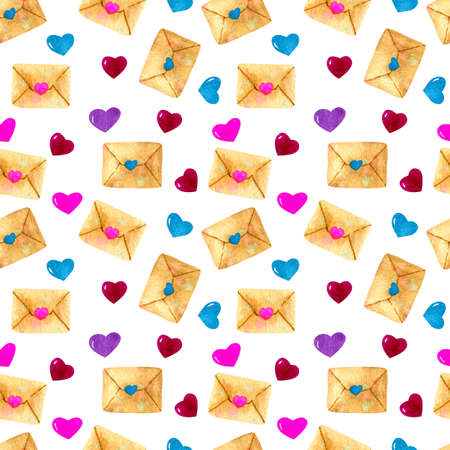 Seamless texture of watercolor love letters and hearts. Bright print for valentine day. Pattern of decorative hand drawn ornament for wrapping or holiday's design on white backgroundの写真素材