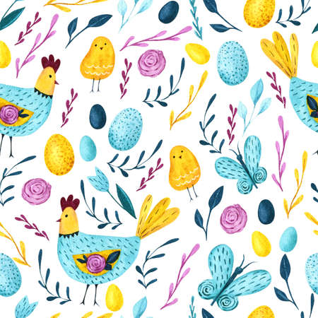 Watercolor seamless pattern with hen, colored eggs, butterflies and flowers. Spring design for Easterの写真素材