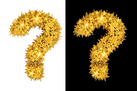 Gold shiny stars question mark , black and white background