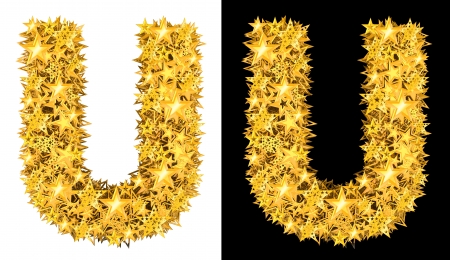 Gold shiny stars letter U, black and white backgroundの写真素材