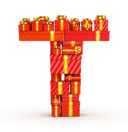 Letter T from gift boxes decorated with yellow ribbonsの写真素材